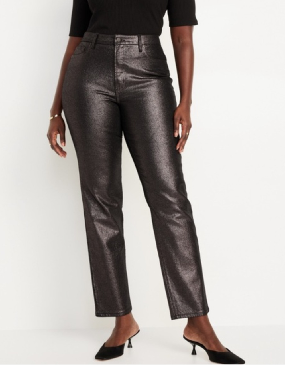 Old Navy High Rise OG Loose secret smooth pockets black shine jeans Sz 12 Glam